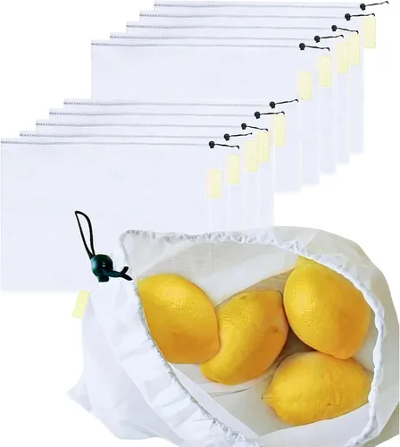 Vista 14 de purifyou Juego de 9 bolsas reutilizables de algodón orgánico – Malla de doble costura resistente, sin blanquear, cierre de cordón – 2 XL (12 x 20)