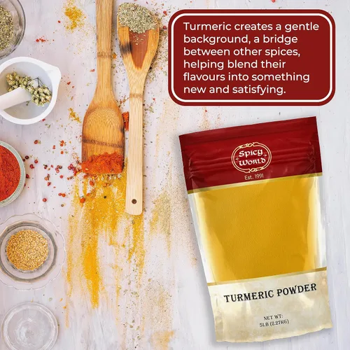 Vista 8 de Polvo de cúrcuma bolsa a granel de 5 libras - Molido de raíz de cúrcuma india (Haldi) - Curcumina mínima 2.5% - Pura y vegana, de la India por Spicy