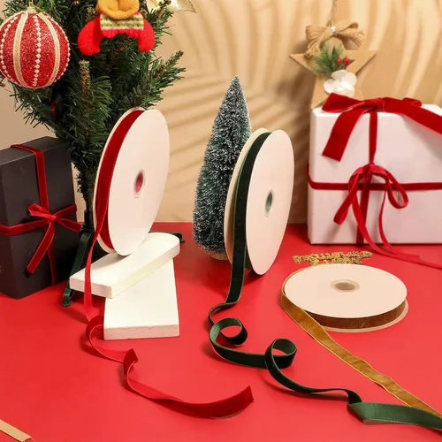 Vista 2 de Patelai 3 rollos de cinta de terciopelo de Navidad de 75 yardas, carrete de cinta de terciopelo vintage, rollo de cinta de terciopelo verde, rojo