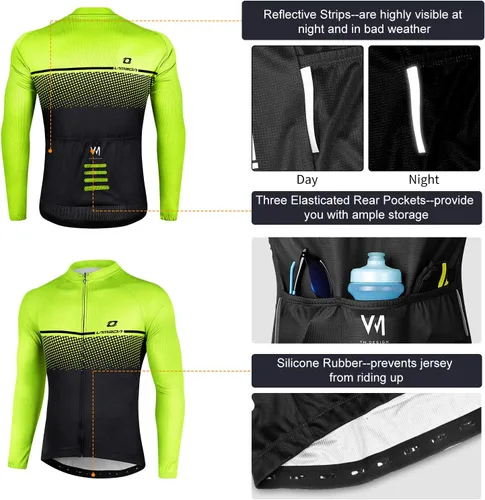 Vista 5 de Maillot de ciclismo para hombre, manga larga, con 3 bolsillos traseros, secado rápido, transpirable, para bicicleta