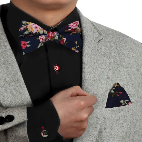 Vista 2 de Dan Smith Pajaritas de algodón para hombre de 25.6 pulgadas, tamaño de cuello, con clip, ajustable, floral, juego de pañuelo