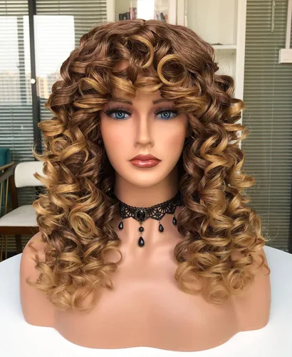 Vista 10 de Pelucas afro rizadas para mujeres negras, peluca larga y rizada con flequillo, fibra sintética esponjosa, sin pegamento, para cosplay y uso diario