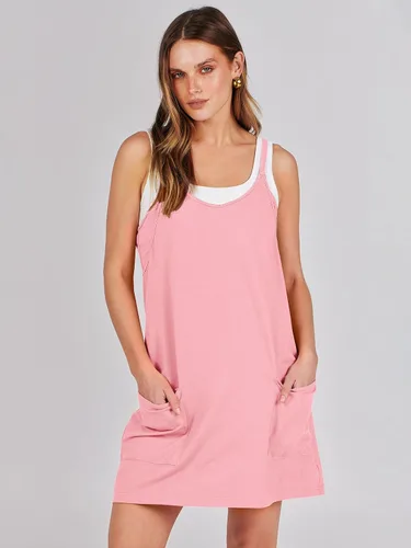 Vista 2 de Caracilia - Vestido corto de verano para mujer, estilo informal, sin mangas, faja moldeadora integrada, vestido de verano moderno, corto, atuendos