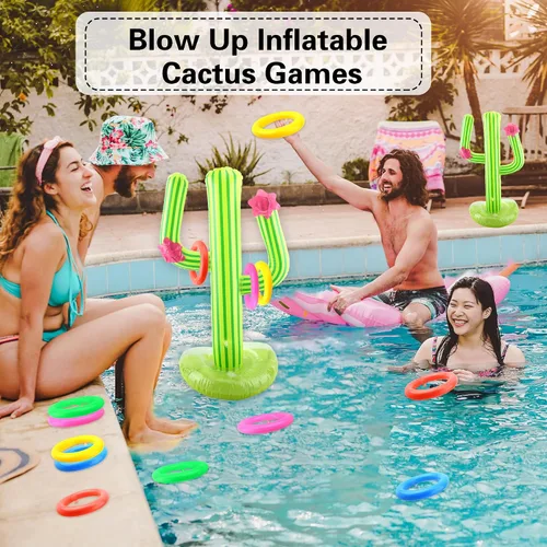 Vista 7 de 4 Set Inflatable Cactus Ring Toss Games Includes 4 Pcs 25 Inch Large Inflatable Cactus with 16 Pcs/ 20 Pcs Blow Up Ring Toss for Summer Pool Water