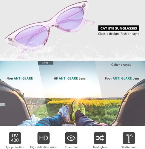 Vista 4 de Livhò Gafas de sol retro vintage angostas ojo de gato para mujer, con marco de plástico