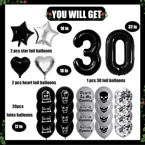 Vista 3 de Paquete de decoraciones para el 30 cumpleaños, suministros para la fiesta "Death to My 20s" que incluyen pancarta de cumpleaños, fajín "Rip to My