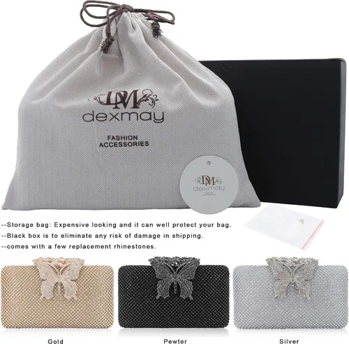 Vista 6 de Dexmay - Bolso de noche para mujer con cierre de mariposa y diamantes de imitación