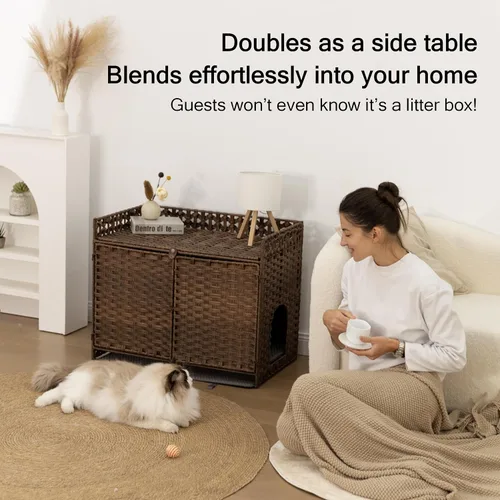 Vista 7 de Furriends Caja de arena para gatos con 2 alfombrillas, muebles ocultos de ratán tejido a mano, grande, 30.3 pulgadas de largo x 18.2 pulgadas