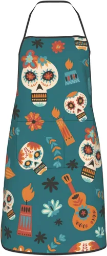 Vista 15 de Delantal de calavera de azúcar, delantales de cocina para hombres y mujeres, delantal de cocina, delantal de chef, delantales de jardín ajustables