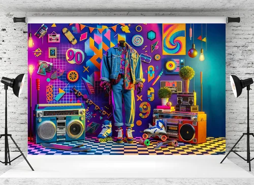 Vista 2 de Telón de fondo retro de los años 90 de 5 x 3 pies con elementos de neón coloridos de los años 90, para patineta, boombox, fondo para hip hop, rap