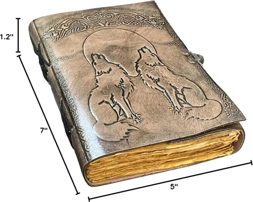 Vista 7 de Wolf Leather Journal with Moon Embossed Twin Wolf Grimoire Vintage Deckle Edge Paper Spell Book of Shadows Gothic Wiccan Notebook & Sketchbook