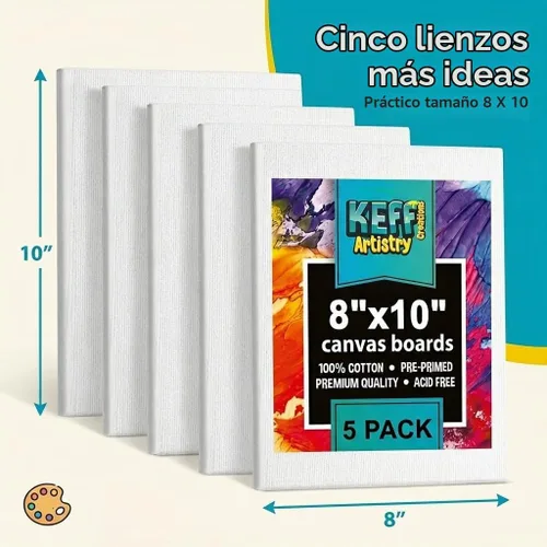 Vista 2 de KEFF Lienzo para pintar, paquete de 5 lienzos de 8 x 10 pulgadas, lienzos pequeños 100% algodón con triple imprimación para pintura. Mini lienzos a