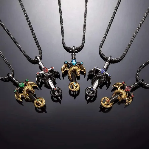 Vista 2 de Collar de dragón vintage con piedras natales personalizadas en espada, regalo de joyería de aniversario para él y hombres, colgante punk