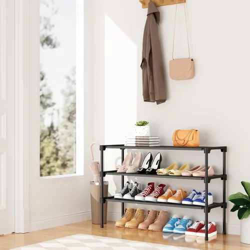 Vista 2 de Zapatero de diseño ensanchado de 32.3 pulgadas para armario, 16 pares de espacios pequeños, no tejido, organizador de zapatos de 3 niveles, estante