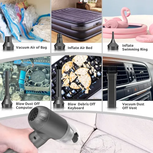 Vista 5 de RealPlus Plumero de aire comprimido 4 en 1, aspiradora y bomba, 12000Pa 7500mAh 3 velocidades recargable sin escobillas plumero eléctrico, soplador