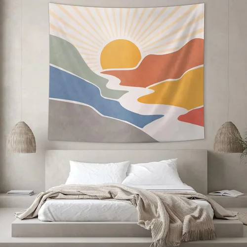 Vista 5 de SUOTEMEIFEI Tapiz bohemio de sol de montaña, arte simple, diseño de amanecer, naturaleza, puesta de sol, paisaje, abstracto, estético, decoración