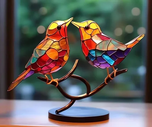 Vista 3 de Adornos de escritorio de pájaros en rama, acrílico manchado de doble cara, estatua multicolor de colibrí, escultura de pájaro de arte de metal
