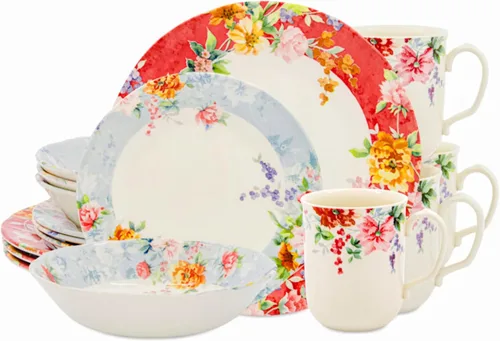 Vista 19 de Tudor Royal - Juego de vajilla redonda de porcelana de 12 piezas, servicio para 4, diseño botánico, flores de verano, platos, cuencos, brillante