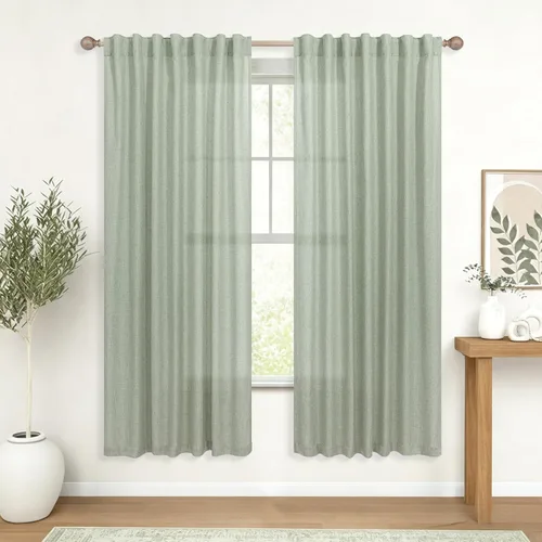 Vista 65 de Cortinas rústicas color beige tostado de 42 x 84 pulgadas de largo para sala de estar, juego de 2 paneles transparentes de lino natural, imitación