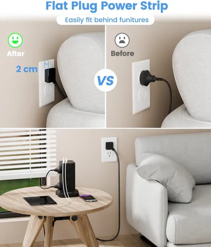 Vista 6 de Torre de regleta de alimentación con protector de sobretensiones de 1800J, torre de carga rápida PD20W puertos USB-C con 12 salidas de CA, cable