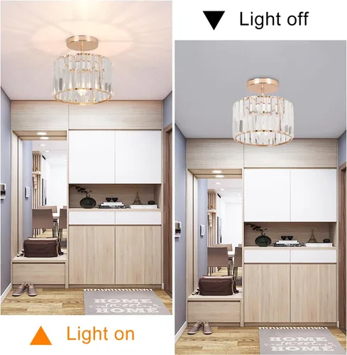 Vista 7 de Lámpara de techo de cristal semiempotrada, lámpara de techo de cristal para pasillo, lámpara dorada para entrada, dormitorio, baño, sala de estar