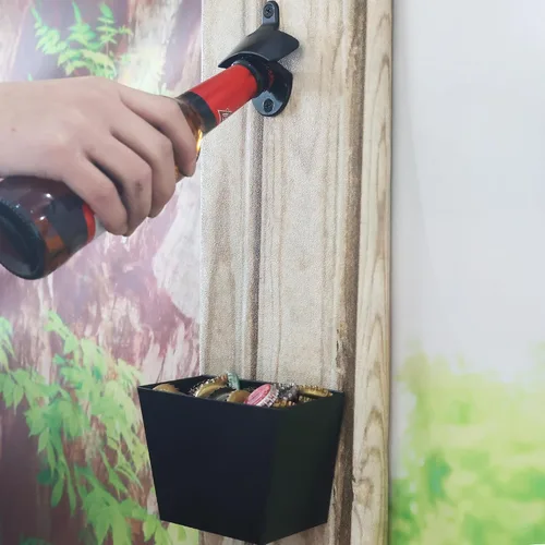 Vista 3 de Abridor de botellas de cerveza negro Montaje en pared Abridor superior de botellas con tapón de drenaje