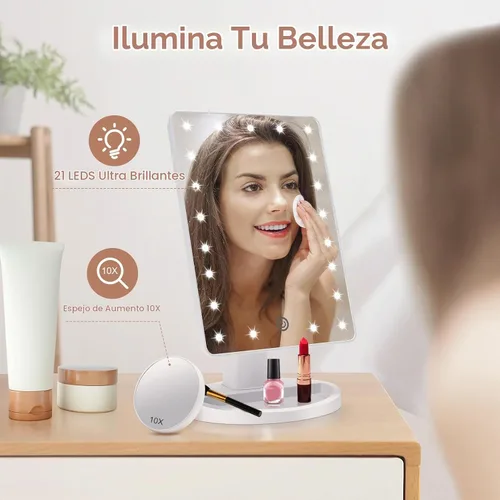 Vista 6 de COSMIRROR Espejo de tocador de maquillaje iluminado con espejo de aumento de 10X, espejo iluminado con 21 luces LED con atenuación de sensor táctil