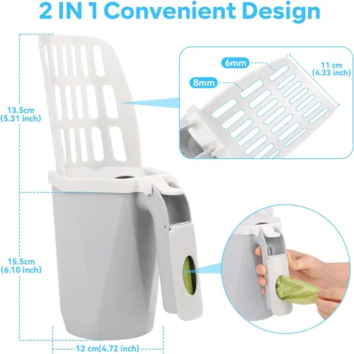 Vista 2 de MYPIN Pala de arena para gatos con soporte, pala de arena para gatos con bote de basura y recarga de 195 bolsas, pala de arena portátil para gatos