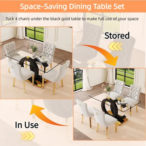 Vista 3 de Ebullient 63" Modern Glass Dining Table Set for 4, Black & Gold 5-Piece Set Glass Table & Beige Chairs