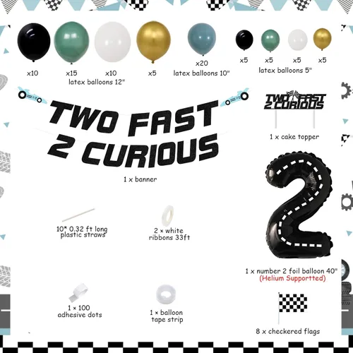 Vista 6 de Two Fast Two Curious - Decoraciones de cumpleaños, suministros de fiesta de coche de carreras, kit de arco de guirnalda de globos Let's Go Racing