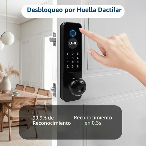 Vista 3 de UMIKSMART - Cerradura de puerta inteligente, cerradura de teclado de huellas dactilares, aplicación WiFi, negro mate