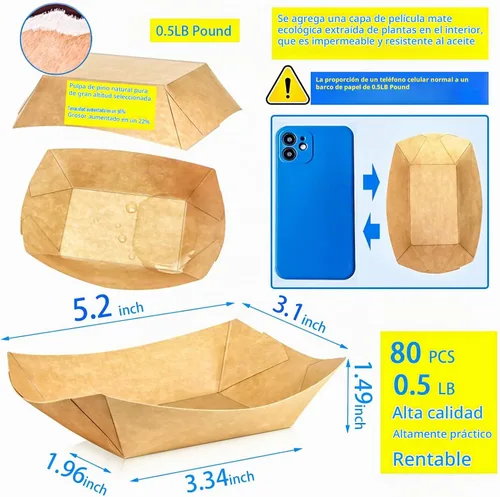 Vista 2 de paquete de 80 unidades de bandejas de papel para barco de comida de 0.5 libras, bandejas desechables de papel pequeñas, recipientes de 0.5 libras