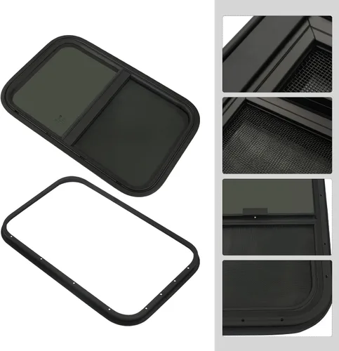 Vista 5 de Ventana de caravana, ventana de remolque de lágrima, 15 pulgadas de ancho x 24 pulgadas de alto, negro, vidrio negro templado, lado del pasajero