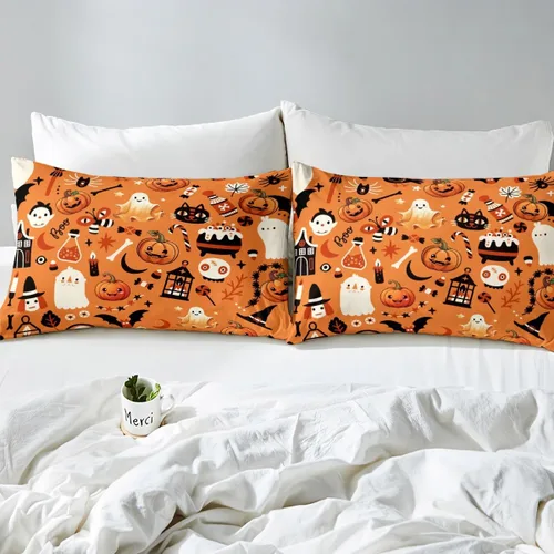Vista 5 de Erosebridal Sábanas de Halloween para niños y niñas, juego de sábanas espeluznantes de dibujos animados, tamaño individual, juego de ropa de cama