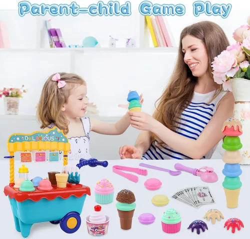 Vista 8 de Gifts2U Carrito de helado de juguete para niños, juego de 45 piezas de helado, tienda de juegos de simulación con carrito de almacenamiento
