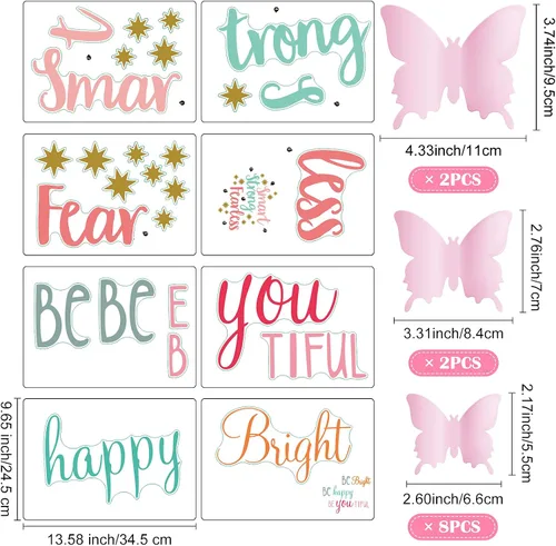 Vista 3 de Chinco 20 hojas de calcomanías de pared con citas inspiradoras para niñas, 12 hojas de mariposa 3D rosa pastel, inteligente, fuerte, sin miedo, sé