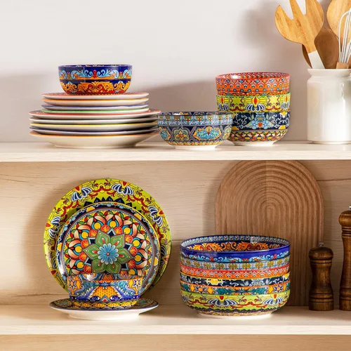 Vista 8 de vancasso 24-Piece Dinnerware Sets,Plates & Bowls Sets Service for 6, Bohemian Porcelain Dishes Set for 6, Kitchen Dinner Set,Microwave & Dishwasher