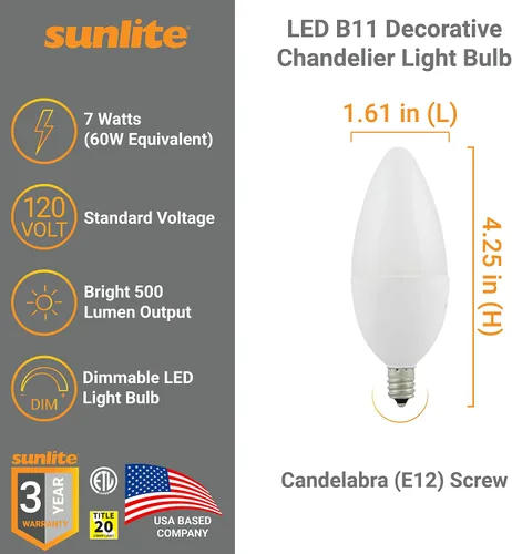Vista 2 de Bombilla LED B11 decorativa para lámpara de techo Sunlite, 7 vatios (equivalente a 60 W), 500 lúmenes, 120 voltios, regulable, base E12, CRI 90