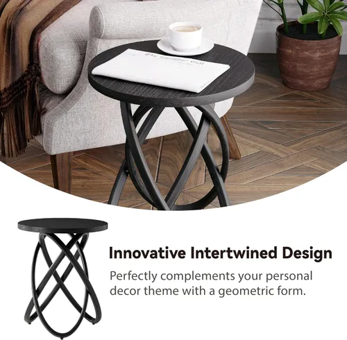 Vista 3 de COZAYH Mesa auxiliar redonda estilo granja de madera, mesa lateral rústica soporte para plantas con diseño de líneas entrelazadas para sala de Negro