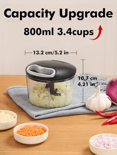 Vista 5 de GDL Picador de Alimentos, Picador de Cebolla con Tirador, Picador de Alimentos Manual, Picador de Mano Rápido para Cebolla, Ajo, Nueces, 3.4 Tazas