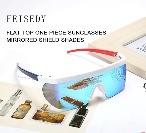 Vista 3 de FEISEDY Gafas de sol deportivas de gran tamaño de los años 80, gafas de esquí con parte superior plana, visera futurista de una pieza para mujeres