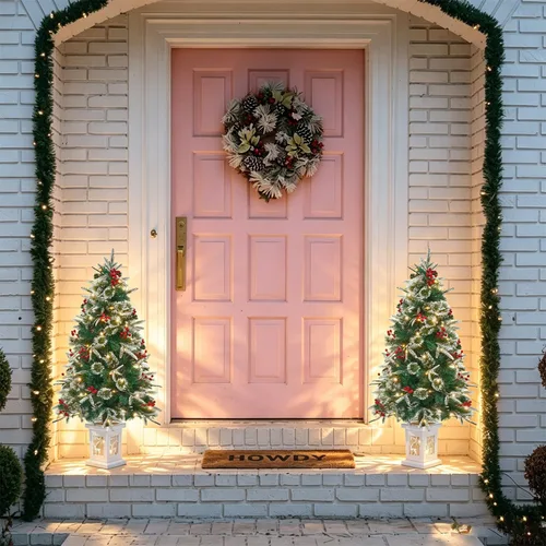 Vista 3 de Árbol de Navidad artificial preiluminado de 3 pies con base vintage en Árbol de abeto de Navidad iluminado con luces LED, funciona con pilas y 8