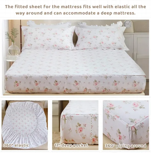 Vista 4 de QSH Juego de sábanas florales tamaño Queen - Vintage chic desgastado, flores de rosa, 100% algodón, ropa de cama estampada, sábanas tamaño Queen