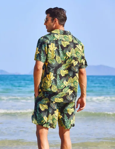 Vista 4 de COOFANDY Conjunto de camisa hawaiana para hombre, diseño floral, cuello cubano, con botones
