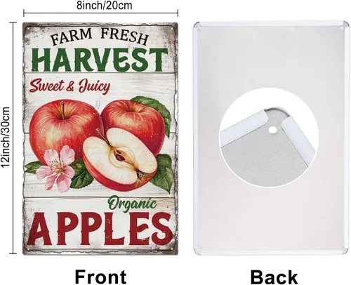 Vista 2 de GLOBLELAND Letrero de metal con texto en inglés "Farm Fresh Harvest" de manzanas, letrero vintage de metal con frutas, 12 x 8 pulgadas, divertido