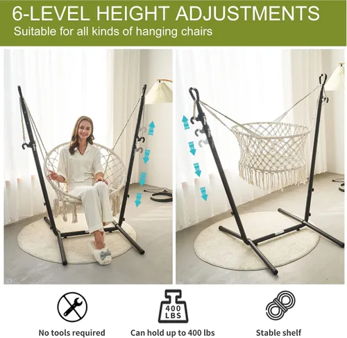 Vista 5 de Hamaca con soporte incluido con soporte para teléfono, silla doble colgante, macramé, estilo boho, hecha a mano, columpio ajustable para interiores