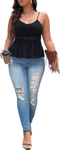 Vista 5 de SOLY HUX Camisola casual para mujer, talla grande, con ribete de encaje, dobladillo con volantes, tirantes delgados