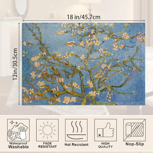 Vista 2 de Juego de 6 manteles individuales con diseño de almendros en flor, resistentes al calor, lavables, antideslizantes, para decoración de fiestas