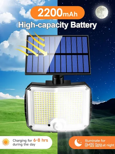 Vista 5 de PIKOY Luces solares con movimiento para exteriores impermeables, [Actualización 318LED/33FT/5 modos] Luces solares de seguridad, control remoto +