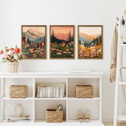 Vista 4 de WRFON Lienzo botánico y de flores, arte enmarcado de pared de paisaje de montaña, juego de 3, impresión en lienzo de prado de flores silvestres